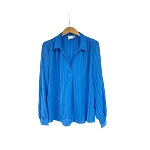ICHI Bright Blue Collared Popover Blouse Minimalist Long Sleeve Blouse Womens 40